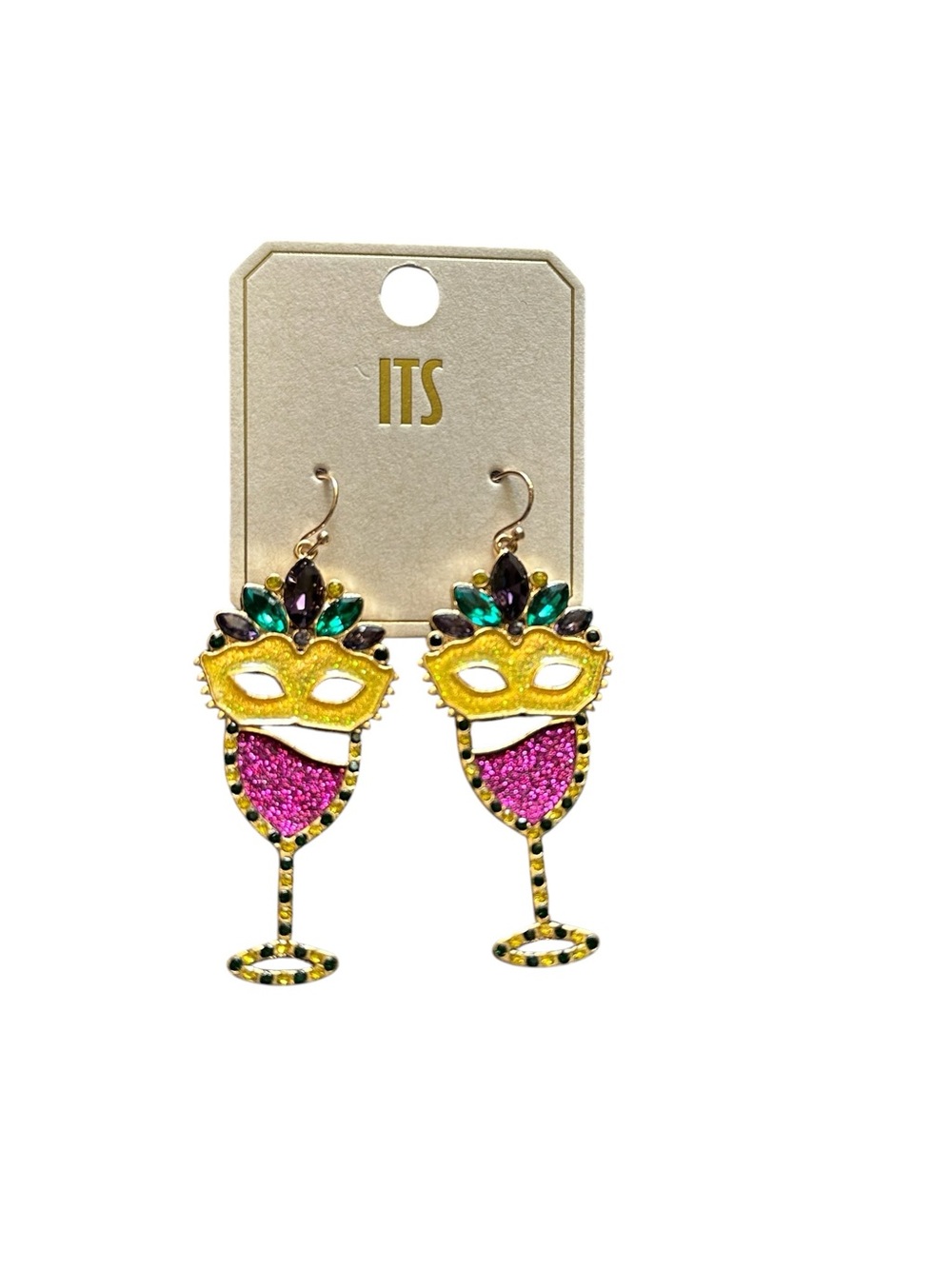 !Gold Mardi Gras Mask & Wine Glass Drop Earrings in Purple
